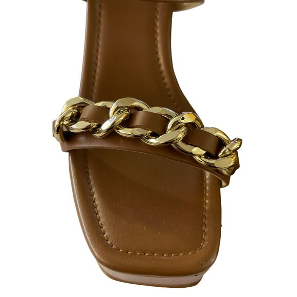 Michael Kors Paola Chain Embellished Leather Brown Platform Sandal Heels 7.5 - Picture 3 of 9